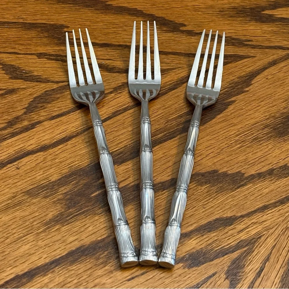 Hampton Silversmiths Cathay Mirror Bamboo 3 Dinner Forks Stainless Flatware MCM